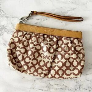 Coach Op Art Tan Brown Pleated Coated Canvas Large Zip Top Wristlet